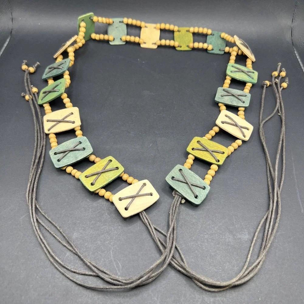 Vintage Boho‎ Mixed Media Wood Panel & Beaded Multi-Strand Tie Belt